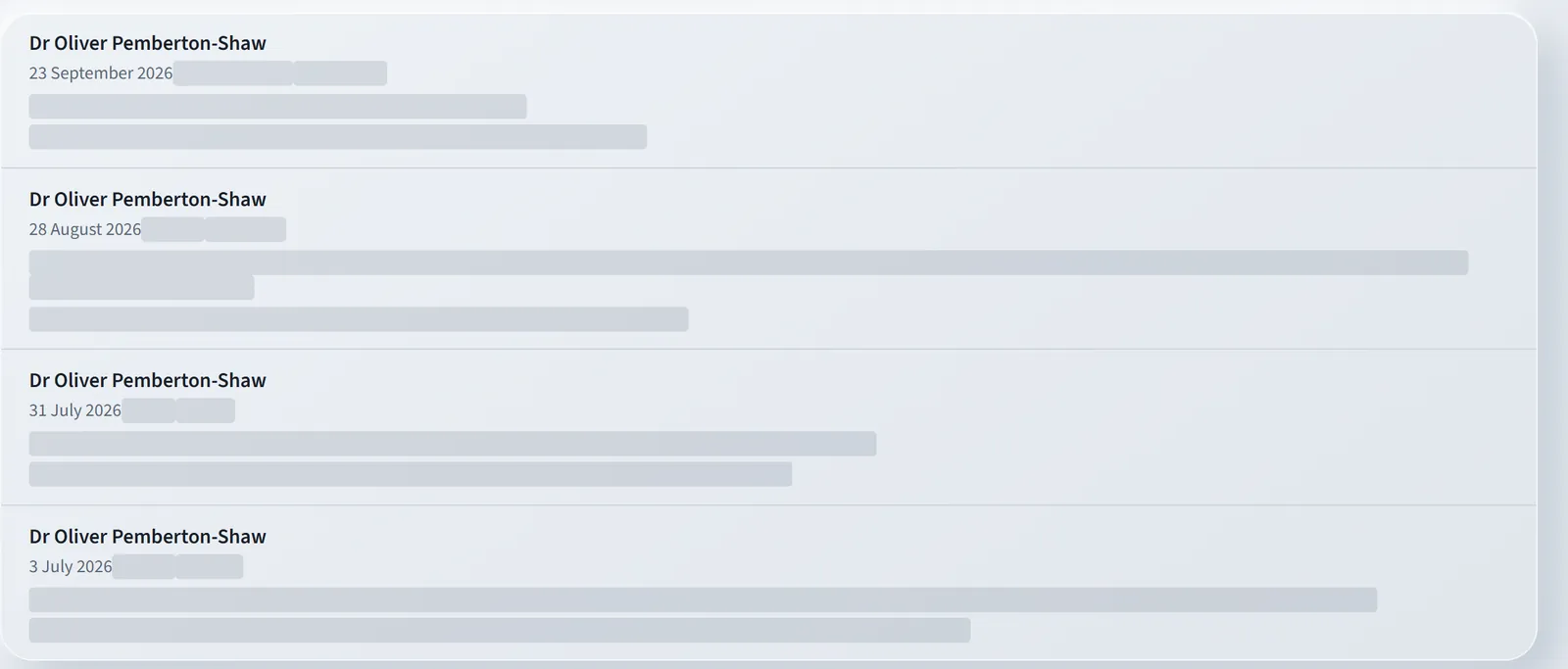 The medical director visits page, listing four dated visits by the fictional clinic's medical director. What was reviewed at each visit is hidden.