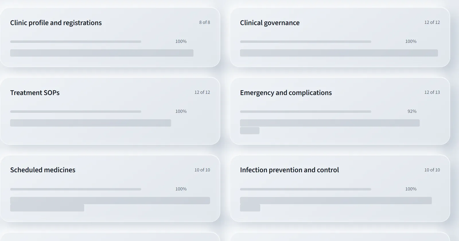 The document library, showing each module as a card with a progress bar and a count such as 8 of 8 or 12 of 13 slots recorded. Each module's description is hidden.