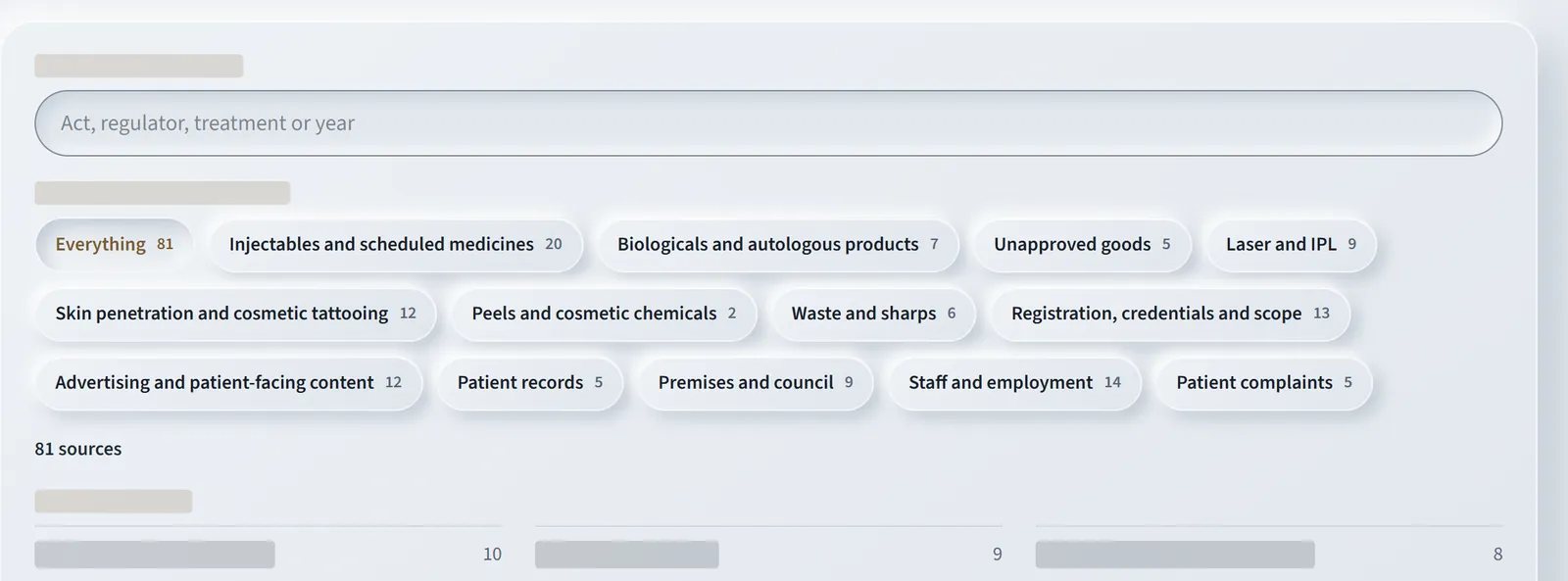 The legislation and guidance register inside the app, with a search box and filters for what a clinic does, such as injectables and scheduled medicines, laser and IPL, and waste and sharps, each with a count of sources.